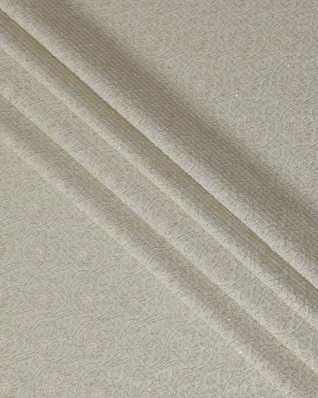 قماش مطرز من الحرير الخالص الفاخر باللون الأخضر الغار مع تطريز ذهبي وترتر بتصميم زهور -D17425