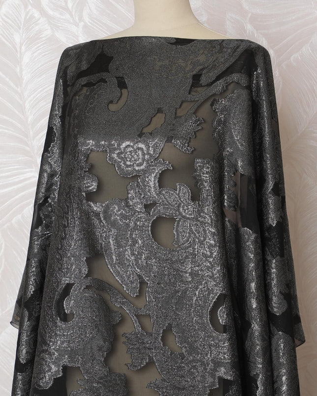 Black Premium pure French (Fransawi) silk chiffon dirac with same tone metallic lurex in floral design-D17429