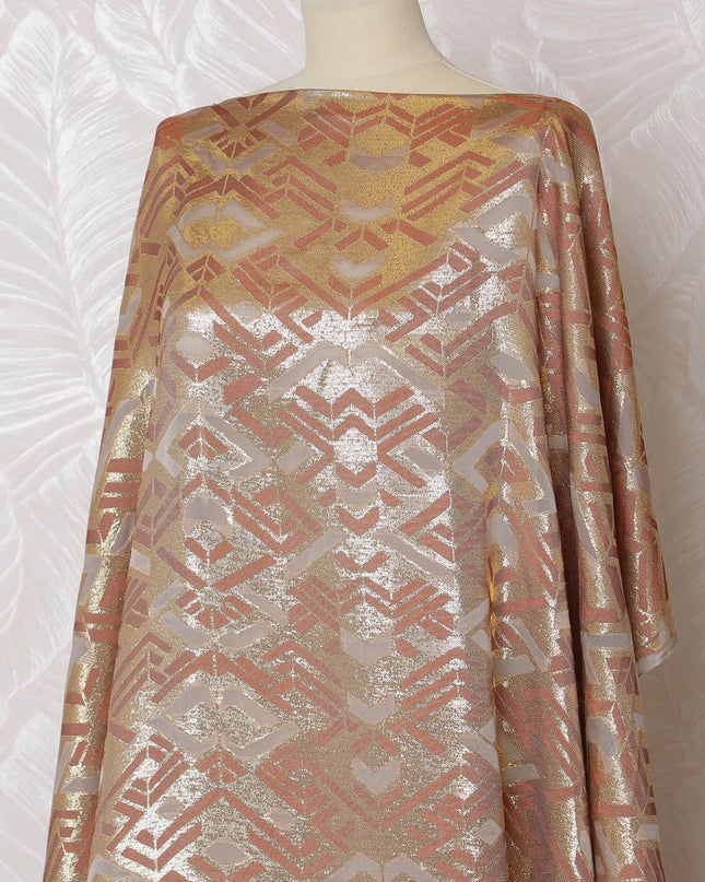 Light pink Premium pure French (Fransawi) silk chiffon dirac with brown viscose having gold metallic lurex in abstract design-D17433