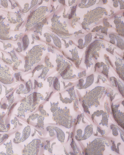 Baby pink Premium pure French (Fransawi) silk chiffon fabric with blue viscose and gold metallic lurex in paisley design-D17434