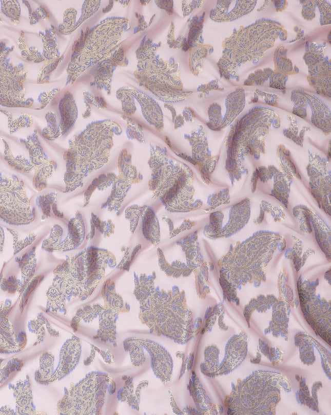 Baby pink Premium pure French (Fransawi) silk chiffon fabric with blue viscose and gold metallic lurex in paisley design-D17434