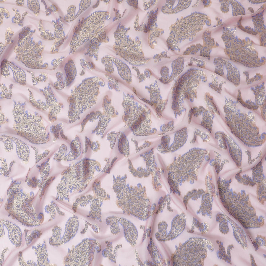 Baby pink Premium pure French (Fransawi) silk chiffon fabric with blue viscose and gold metallic lurex in paisley design-D17434