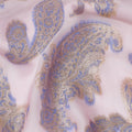 Baby pink Premium pure French (Fransawi) silk chiffon fabric with blue viscose and gold metallic lurex in paisley design-D17434