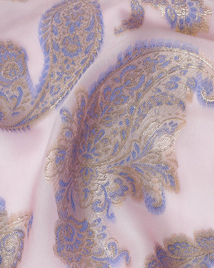 Baby pink Premium pure French (Fransawi) silk chiffon fabric with blue viscose and gold metallic lurex in paisley design-D17434