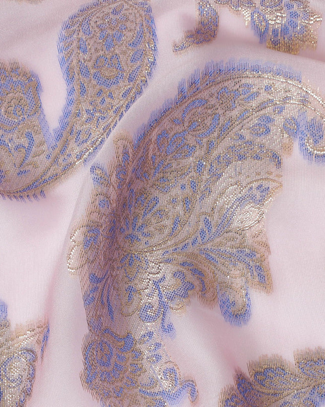Baby pink Premium pure French (Fransawi) silk chiffon fabric with blue viscose and gold metallic lurex in paisley design-D17434