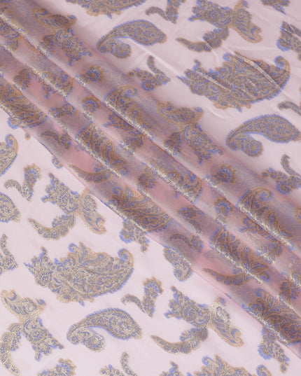 Baby pink Premium pure French (Fransawi) silk chiffon fabric with blue viscose and gold metallic lurex in paisley design-D17434
