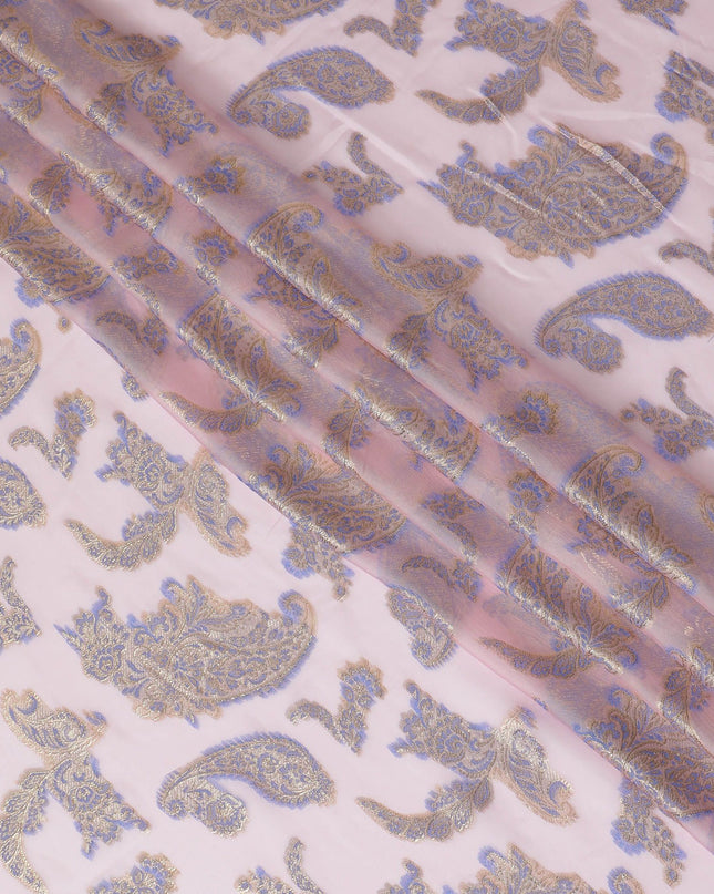 Baby pink Premium pure French (Fransawi) silk chiffon fabric with blue viscose and gold metallic lurex in paisley design-D17434