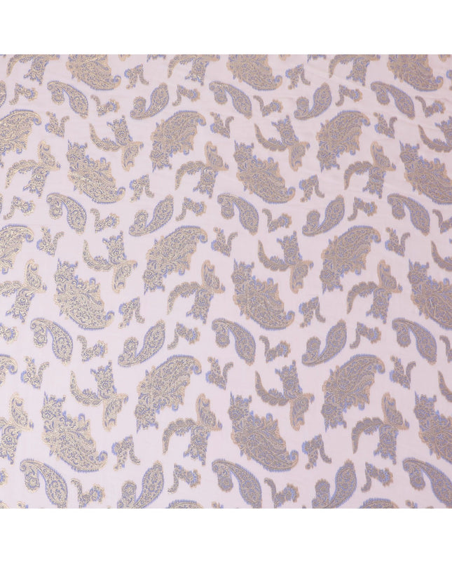 Baby pink Premium pure French (Fransawi) silk chiffon fabric with blue viscose and gold metallic lurex in paisley design-D17434