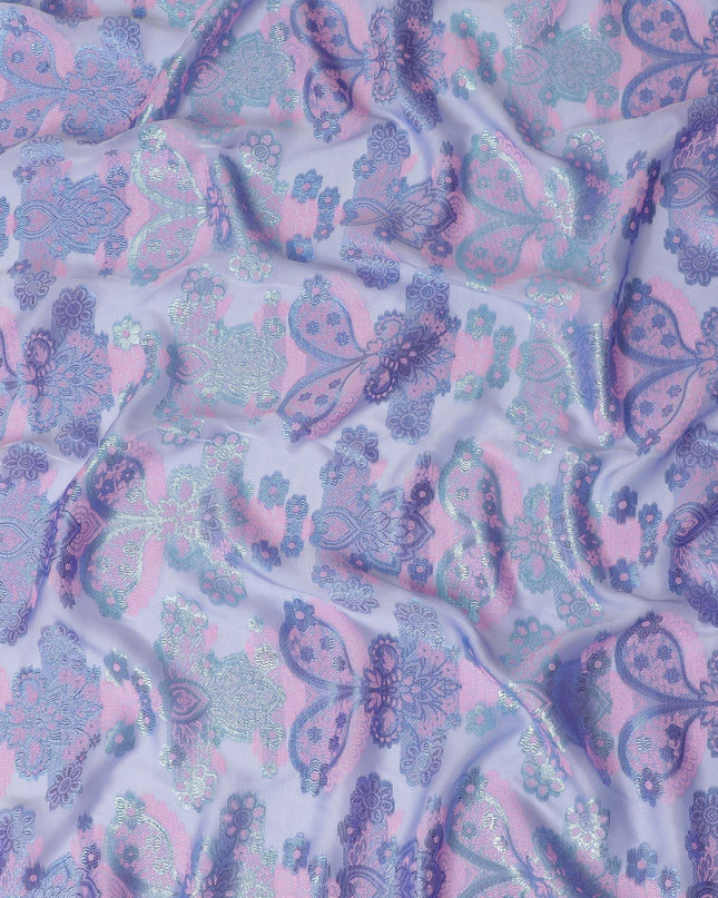 Azure blue Premium pure French (Fransawi) silk chiffon fabric with baby pink viscose and sapphire blue metallic lurex in floral design-D17435