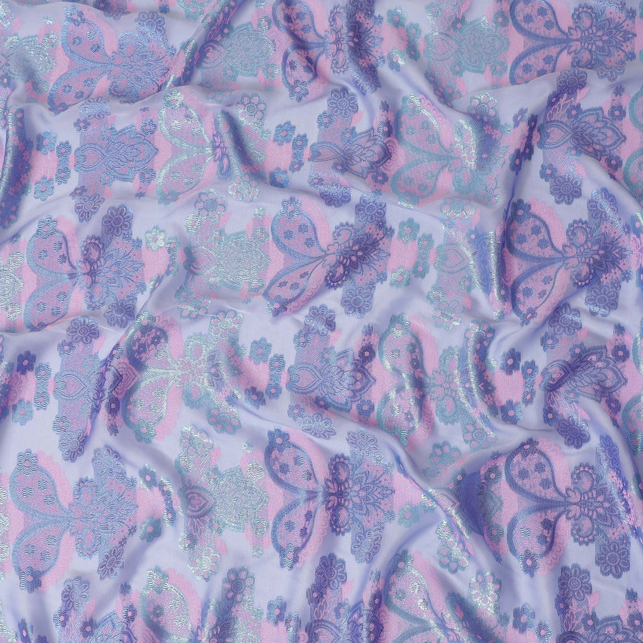 Azure blue Premium pure French (Fransawi) silk chiffon fabric with baby pink viscose and sapphire blue metallic lurex in floral design-D17435