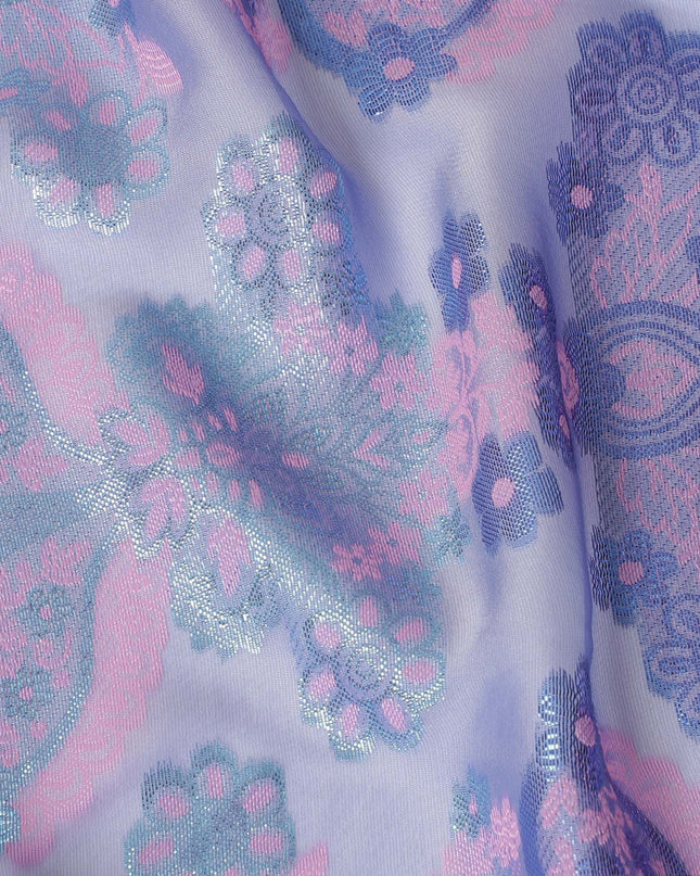 Azure blue Premium pure French (Fransawi) silk chiffon fabric with baby pink viscose and sapphire blue metallic lurex in floral design-D17435