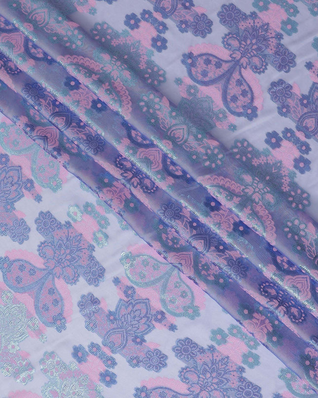 Azure blue Premium pure French (Fransawi) silk chiffon fabric with baby pink viscose and sapphire blue metallic lurex in floral design-D17435