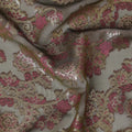 قماش شيفون حريري فرنسي (فرنساوي) فاخر باللون الأخضر الزيتوني مع فيسكوز وردي أرجواني مع لوريكس معدني ذهبي بتصميم زهور -D17436