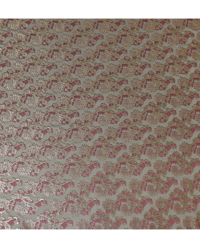 قماش شيفون حريري فرنسي (فرنساوي) فاخر باللون الأخضر الزيتوني مع فيسكوز وردي أرجواني مع لوريكس معدني ذهبي بتصميم زهور -D17436