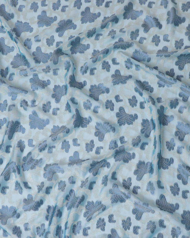 Baby blue Premium pure French (Fransawi) silk chiffon fabric with grey viscose and blue metallic lurex in floral design-D17437