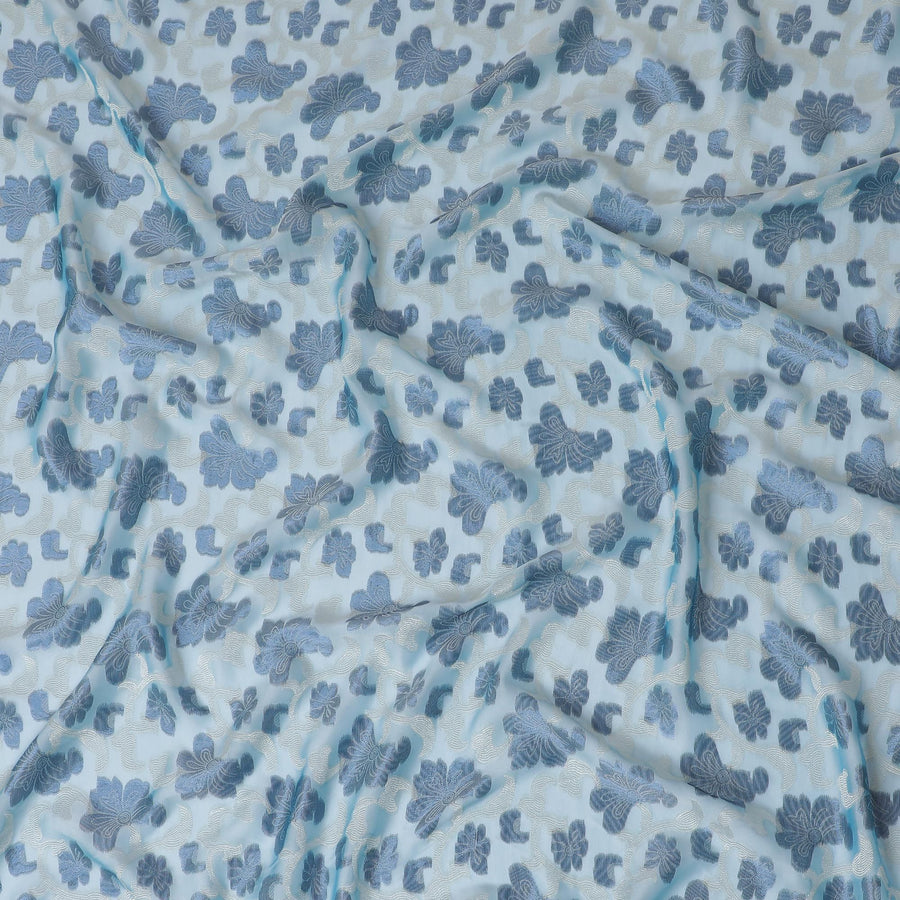 Baby blue Premium pure French (Fransawi) silk chiffon fabric with grey viscose and blue metallic lurex in floral design-D17437