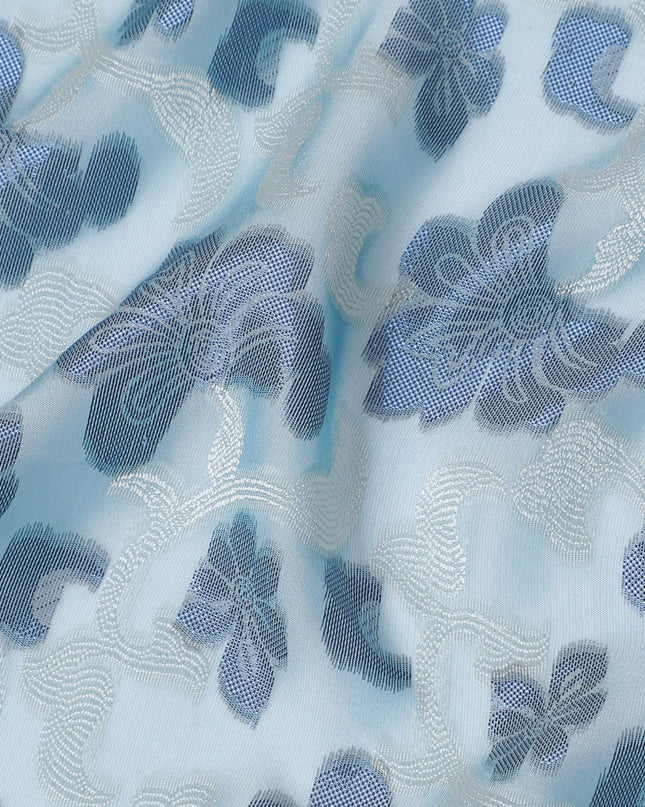 Baby blue Premium pure French (Fransawi) silk chiffon fabric with grey viscose and blue metallic lurex in floral design-D17437