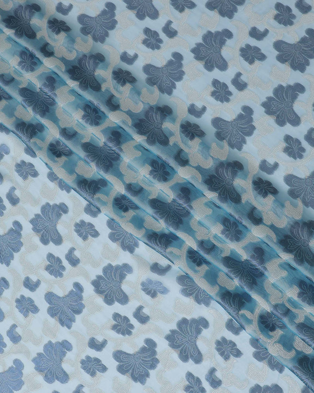 Baby blue Premium pure French (Fransawi) silk chiffon fabric with grey viscose and blue metallic lurex in floral design-D17437