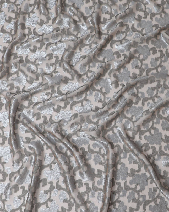 Light brown Premium pure French (Fransawi) silk chiffon fabric with grey viscose and black metallic lurex in floral design-D17438