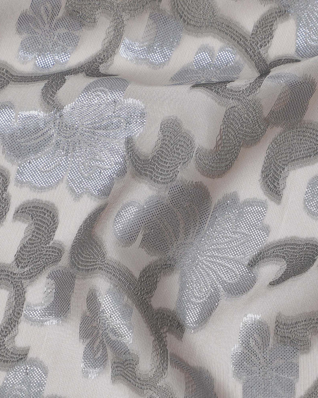 Light brown Premium pure French (Fransawi) silk chiffon fabric with grey viscose and black metallic lurex in floral design-D17438