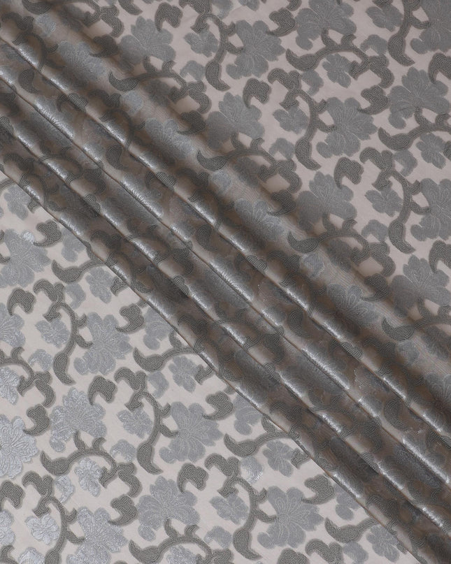 Light brown Premium pure French (Fransawi) silk chiffon fabric with grey viscose and black metallic lurex in floral design-D17438