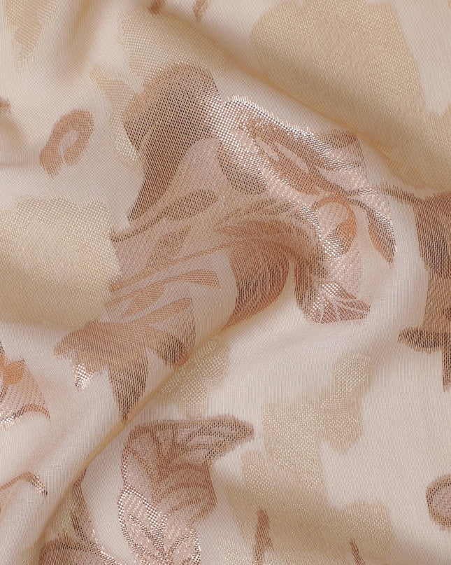 قماش شيفون حريري فرنسي (فرنساوي) فاخر بلون الخوخ مع فيسكوز بيج ولوريكس معدني نحاسي بتصميم زهور-D17440