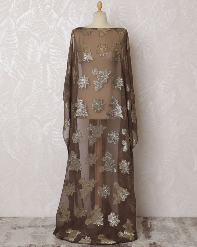 بني فاخر من الحرير الفرنسي (الفرنساوي) ديراك شيفون مع لوركس معدني ذهبي بتصميم زهور -D17443