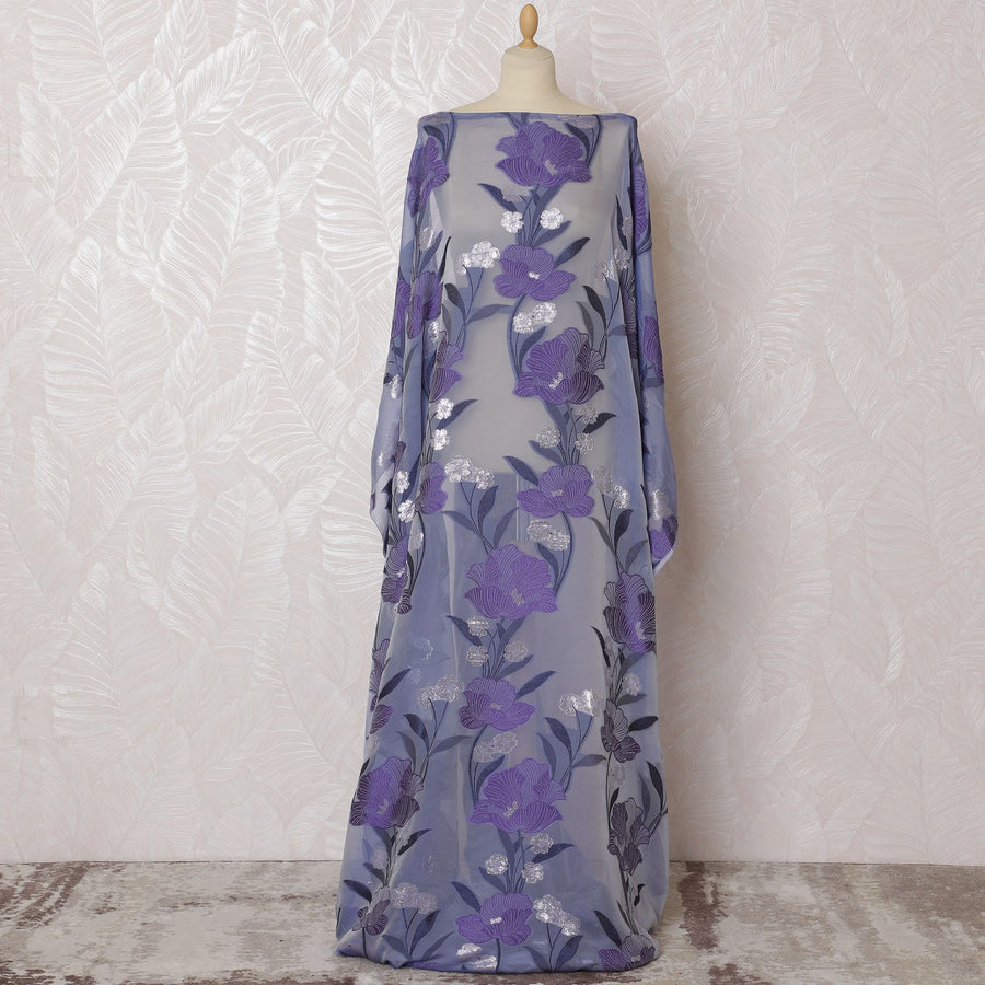 Indigo blue Premium pure French (Fransawi) silk chiffon dirac with purple, blue viscose having silver metallic lurex in floral design-D17444
