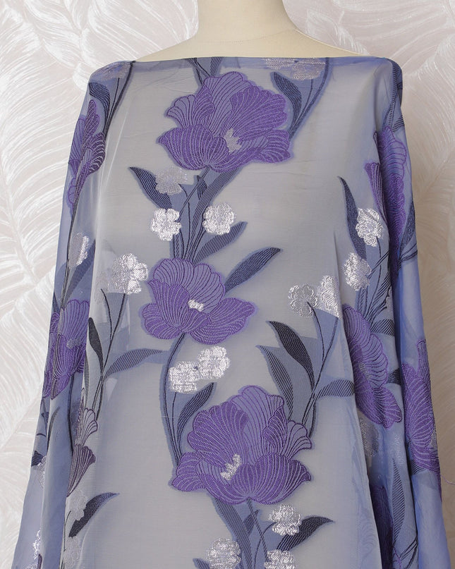 Indigo blue Premium pure French (Fransawi) silk chiffon dirac with purple, blue viscose having silver metallic lurex in floral design-D17444