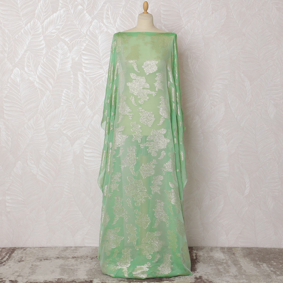 Parrot green Premium pure French (Fransawi) silk chiffon dirac with gold metallic lurex in floral design-D17445