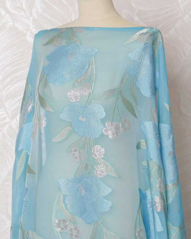 Sky blue Premium pure French (Fransawi) silk chiffon dirac with same tone, laurel green viscose and silver metallic lurex in floral design-D17446