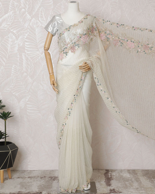 Ethereal Blossom: Synthetic Organza Saree with Floral Embroidery & Sequin Details-D17496