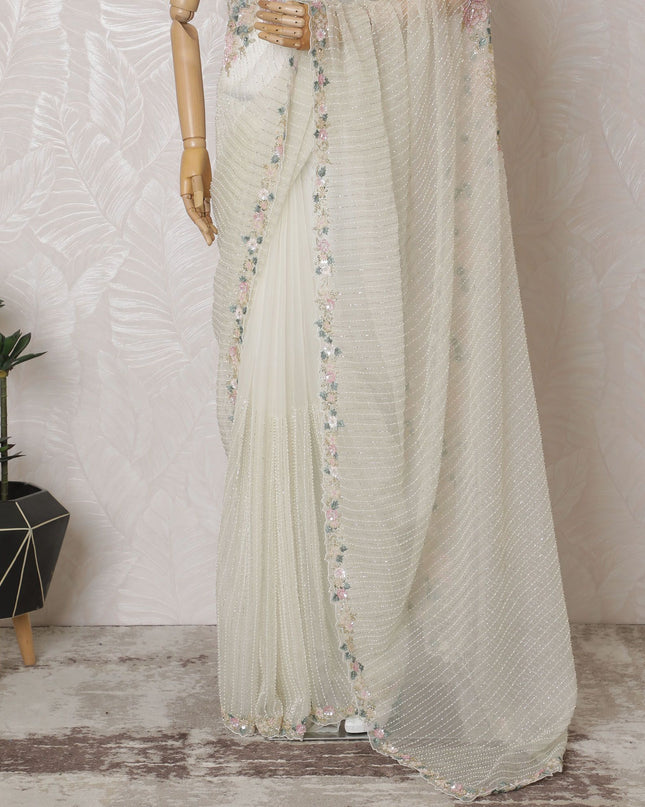 Ethereal Blossom: Synthetic Organza Saree with Floral Embroidery & Sequin Details-D17496