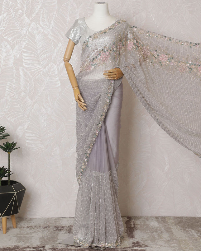 Lavender Dreams: Synthetic Organza Saree with Enchanted Floral Sequin Embellishments-D17497