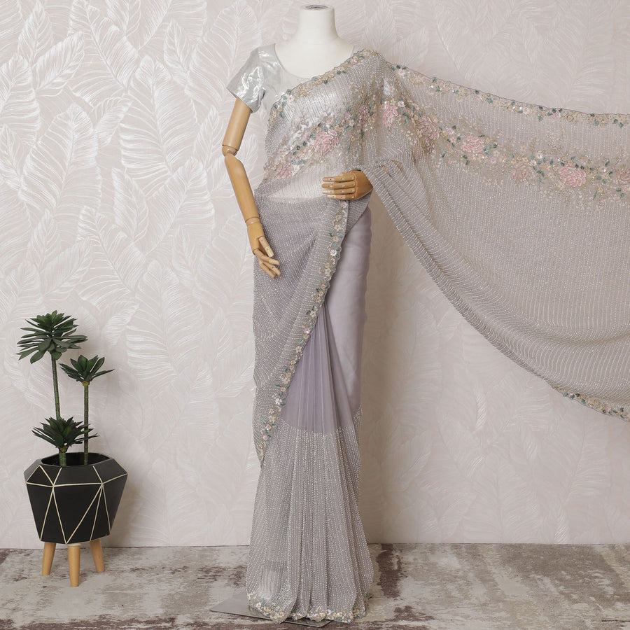 Lavender Dreams: Synthetic Organza Saree with Enchanted Floral Sequin Embellishments-D17497