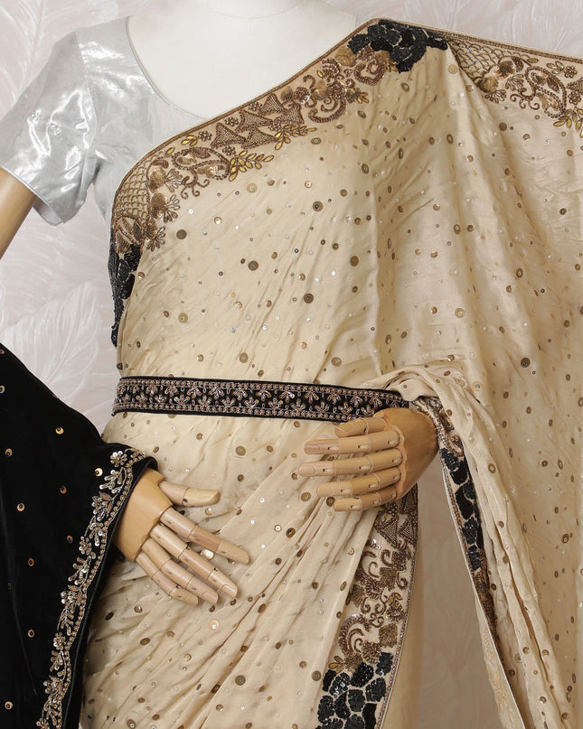 Golden Radiance: Enchanting Synthetic Crepe Saree with Majestic Embroidery-D17499