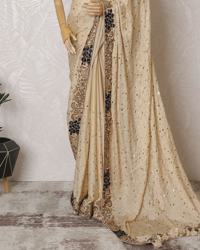 Golden Radiance: Enchanting Synthetic Crepe Saree with Majestic Embroidery-D17499
