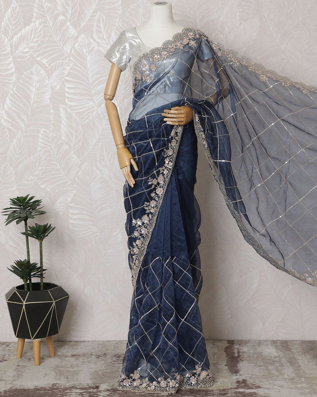 Moonlit Elegance: Synthetic Organza Saree with Floral Embroidery & Glittering Accents-D17500