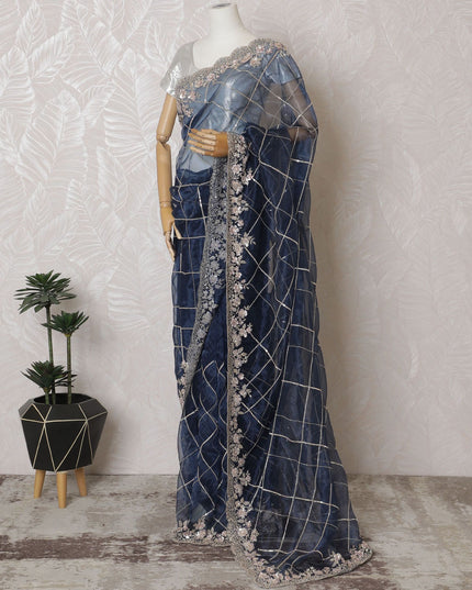 Moonlit Elegance: Synthetic Organza Saree with Floral Embroidery & Glittering Accents-D17500