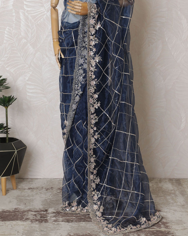 Moonlit Elegance: Synthetic Organza Saree with Floral Embroidery & Glittering Accents-D17500