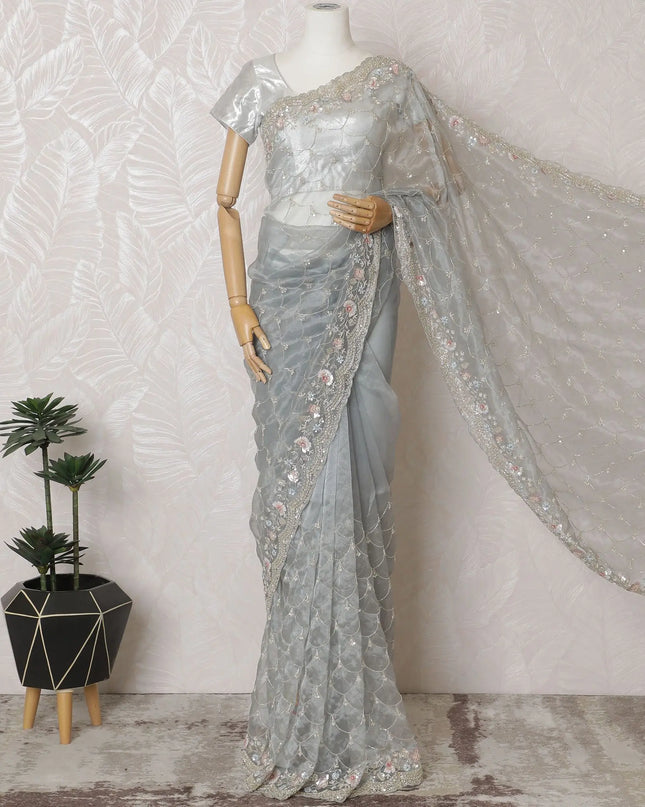 Exquisite Grey Embroidered Synthetic Organza Saree with Unstitched Blouse Piece-D17502 Regal Fabrics