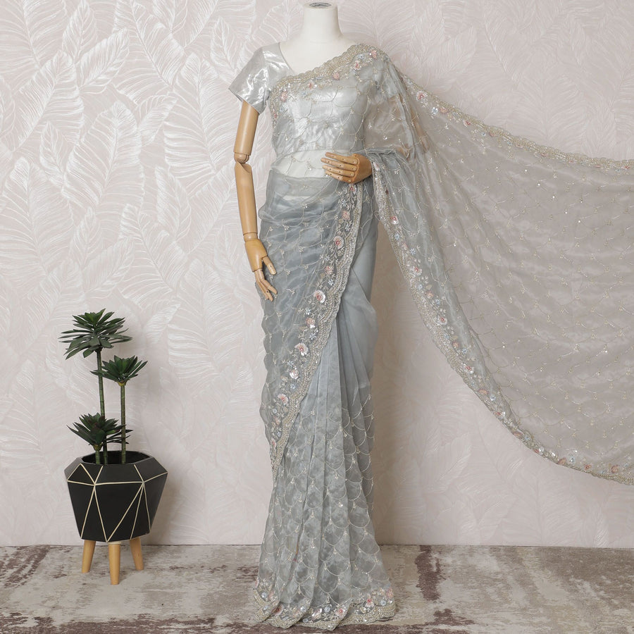 Exquisite Grey Embroidered Synthetic Organza Saree with Unstitched Blouse Piece-D17502