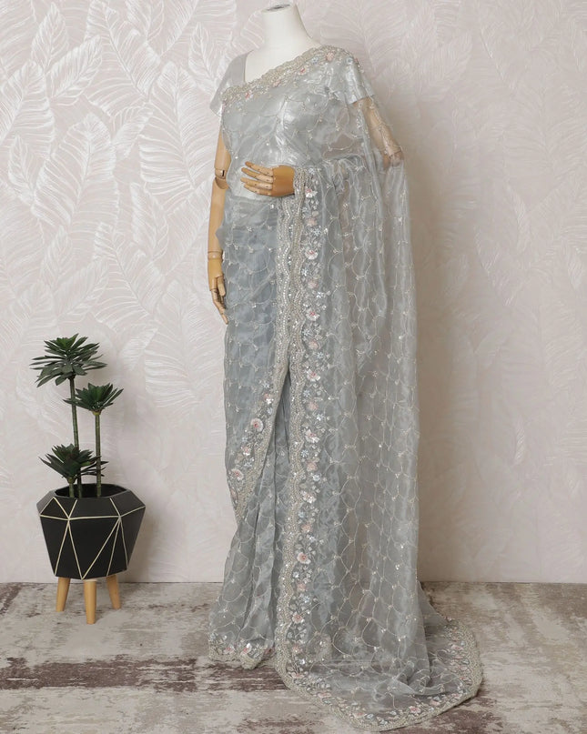 Exquisite Grey Embroidered Synthetic Organza Saree with Unstitched Blouse Piece-D17502 Regal Fabrics