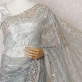 Exquisite Grey Embroidered Synthetic Organza Saree with Unstitched Blouse Piece-D17502