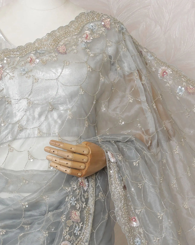 Exquisite Grey Embroidered Synthetic Organza Saree with Unstitched Blouse Piece-D17502 Regal Fabrics