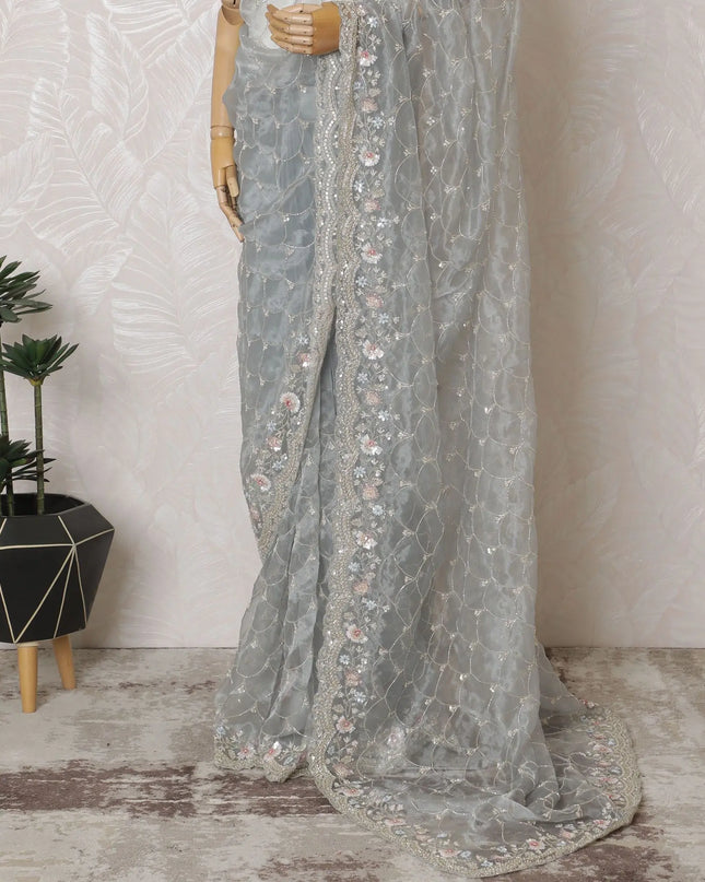 Exquisite Grey Embroidered Synthetic Organza Saree with Unstitched Blouse Piece-D17502 Regal Fabrics