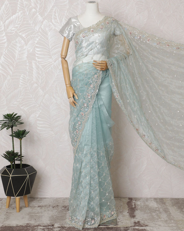 Aqua Serenity: ساري الأورجانزا الاصطناعي قزحي الألوان مع زخارف ساحرة -D17503