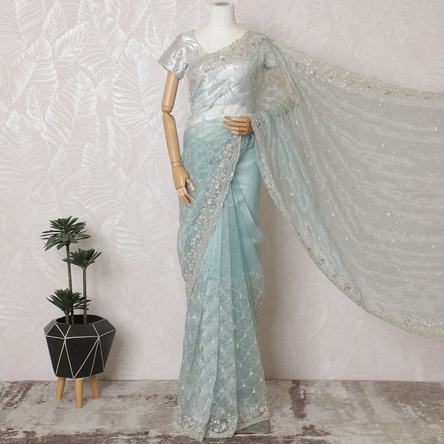 Aqua Serenity: Iridescent Synthetic Organza Saree with Enchanting Embellishments-D17503