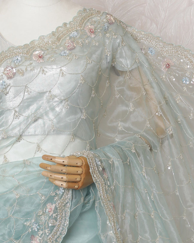 Aqua Serenity: ساري الأورجانزا الاصطناعي قزحي الألوان مع زخارف ساحرة -D17503