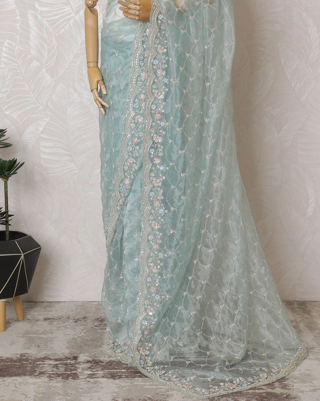 Aqua Serenity: ساري الأورجانزا الاصطناعي قزحي الألوان مع زخارف ساحرة -D17503